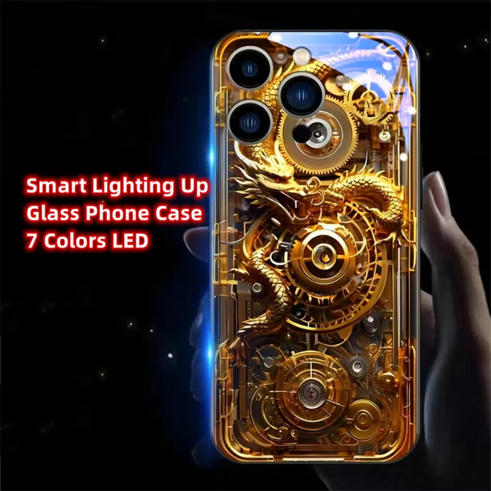 Luxury iPhone Case Green Dragon LED Light Cover — Smart Sound Control Glowing Design, Tempered Glass Back, Shockproof Anti-Fingerprint Full Coverage Protection