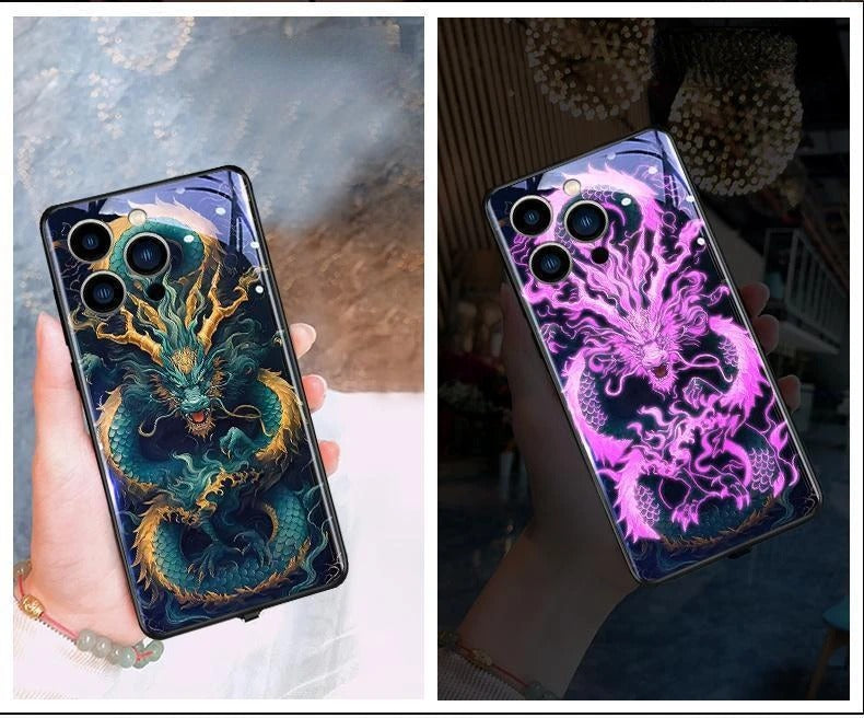 Luxury iPhone Case Green Dragon LED Light Cover — Smart Sound Control Glowing Design, Tempered Glass Back, Shockproof Anti-Fingerprint Full Coverage Protection