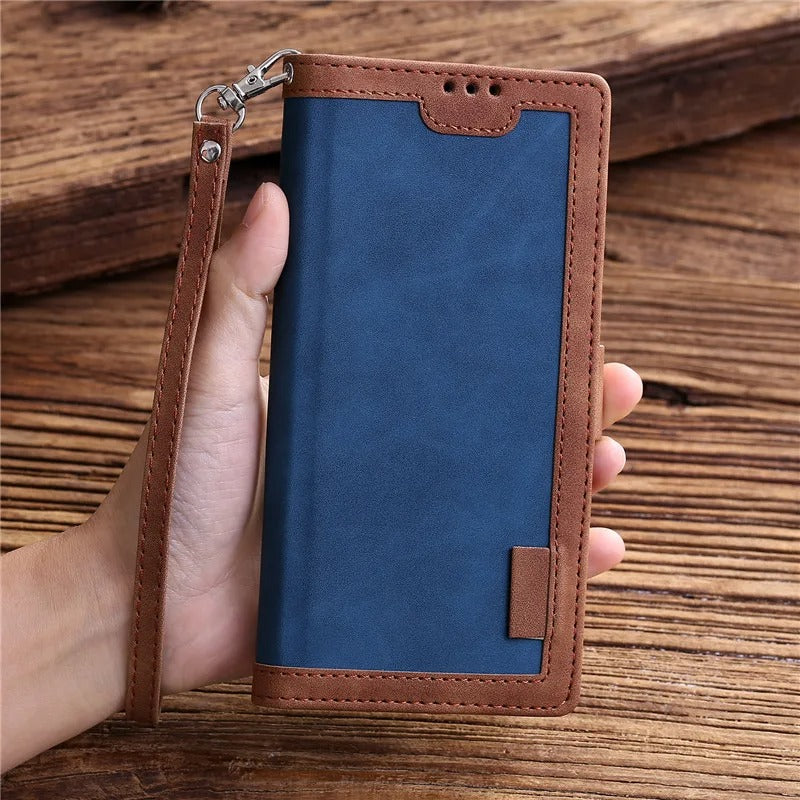 Luxury iPhone Case Leather Wallet Flip Cover — Hand Strap Design, Card Slots Holder, Shockproof Protection, Stylish and Functional Phone Case