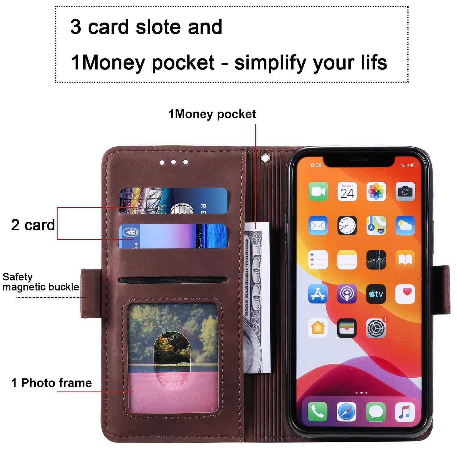 Luxury iPhone Case Leather Wallet Flip Cover — Hand Strap Design, Card Slots Holder, Shockproof Protection, Stylish and Functional Phone Case
