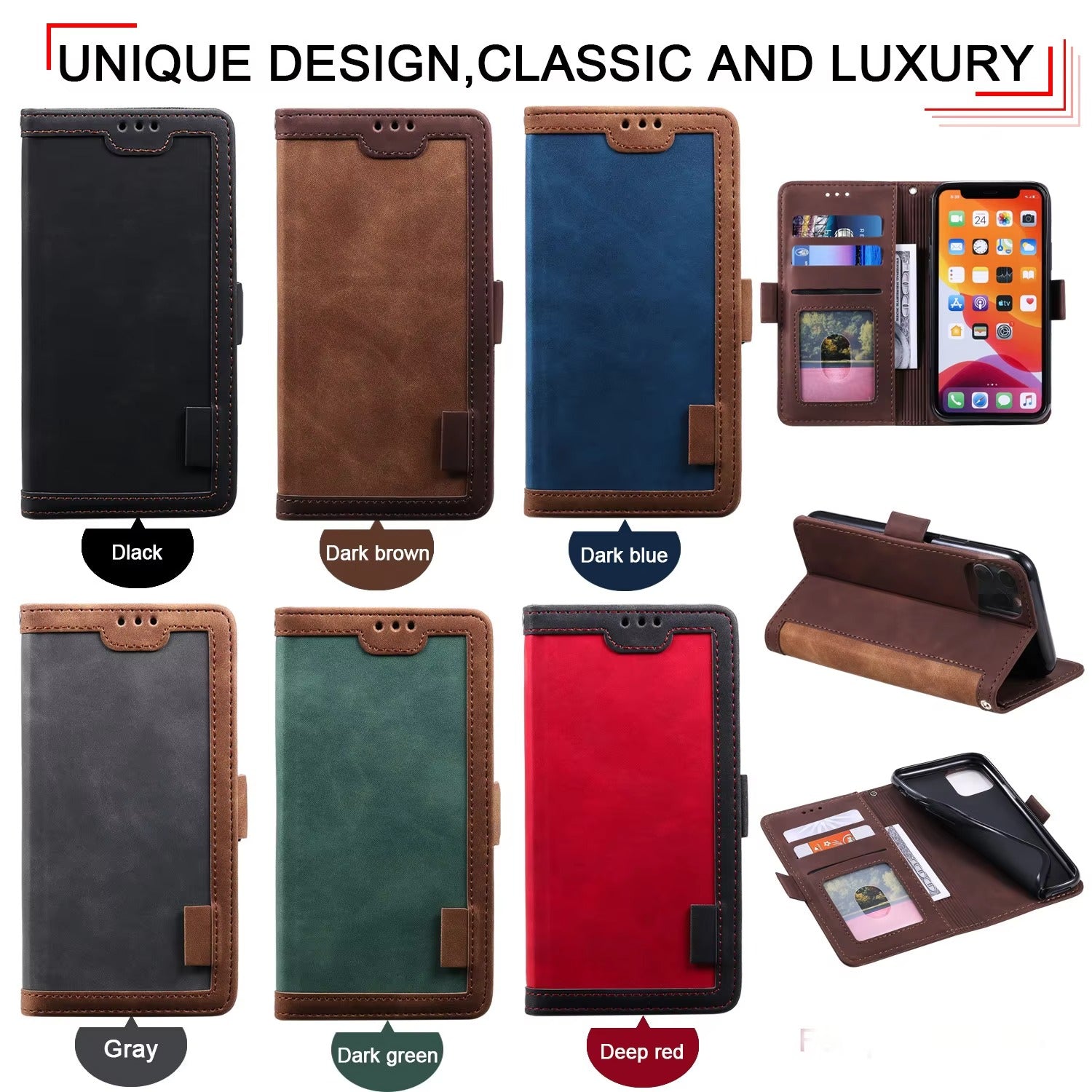 Luxury iPhone Case Leather Wallet Flip Cover — Hand Strap Design, Card Slots Holder, Shockproof Protection, Stylish and Functional Phone Case