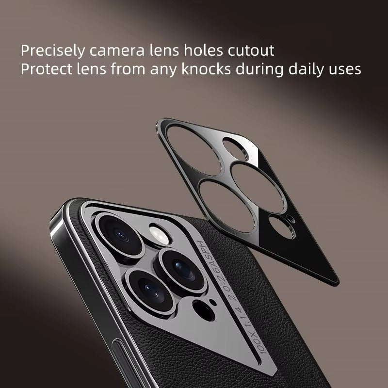 Luxury iPhone Case MagSafe Compatible Camera Lens Protection — Vegan PU Leather Cover, Electroplated Metal Frame, Slim Drop-Proof Business Style