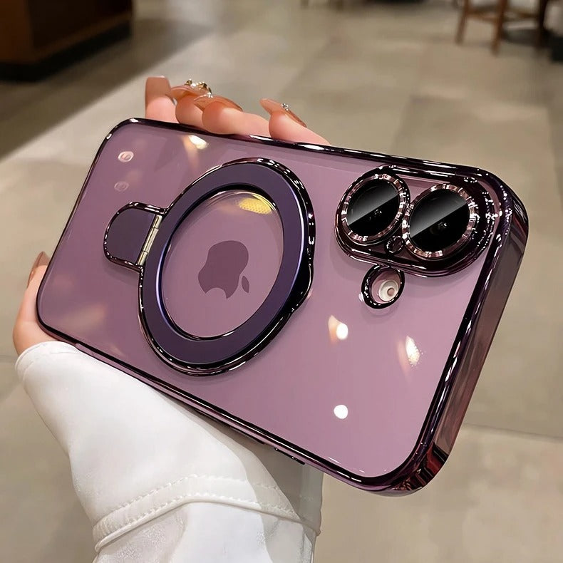 Luxury iPhone Case MagSafe Compatible Clear Acrylic Cover — Plating Finish with Magnetic Stand Holder, Lens Protector, Slim Shockproof Anti-Fingerprint Design