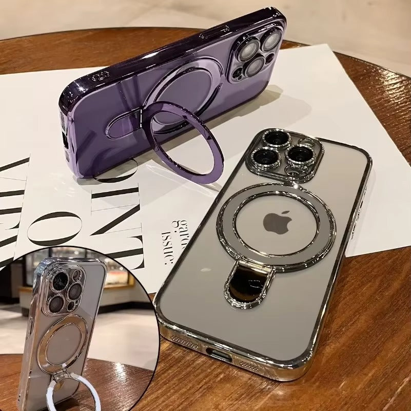 Luxury iPhone Case MagSafe Compatible Clear Acrylic Cover — Plating Finish with Magnetic Stand Holder, Lens Protector, Slim Shockproof Anti-Fingerprint Design