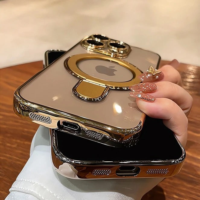 Luxury iPhone Case MagSafe Compatible Clear Acrylic Cover — Plating Finish with Magnetic Stand Holder, Lens Protector, Slim Shockproof Anti-Fingerprint Design