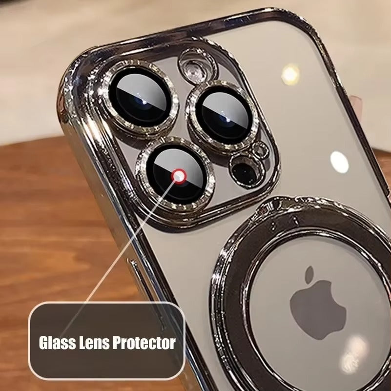 Luxury iPhone Case MagSafe Compatible Clear Acrylic Cover — Plating Finish with Magnetic Stand Holder, Lens Protector, Slim Shockproof Anti-Fingerprint Design