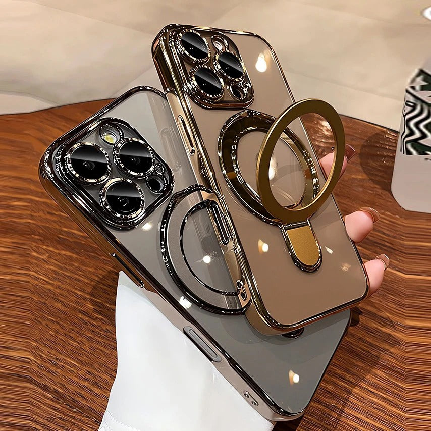 Luxury iPhone Case MagSafe Compatible Clear Acrylic Cover — Plating Finish with Magnetic Stand Holder, Lens Protector, Slim Shockproof Anti-Fingerprint Design
