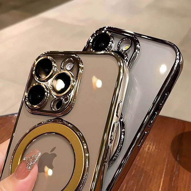 Luxury iPhone Case MagSafe Compatible Clear Acrylic Cover — Plating Finish with Magnetic Stand Holder, Lens Protector, Slim Shockproof Anti-Fingerprint Design