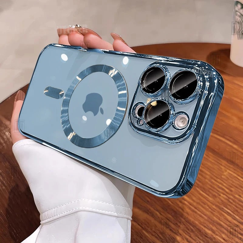 Luxury iPhone Case MagSafe Compatible Clear Back Cover — Desert Gold Frame, Magnetic Lens Protection, Soft Shockproof Design, Slim Scratch-Resistant Finish