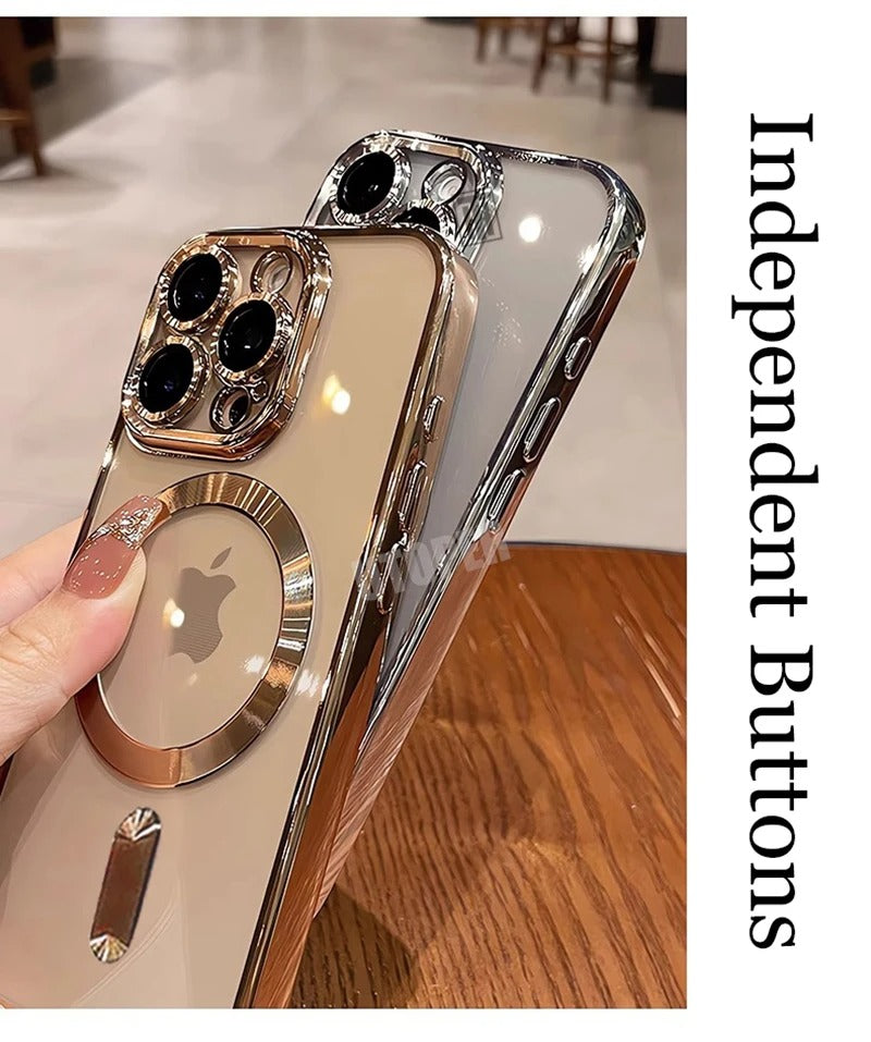 Luxury iPhone Case MagSafe Compatible Clear Back Cover — Desert Gold Frame, Magnetic Lens Protection, Soft Shockproof Design, Slim Scratch-Resistant Finish