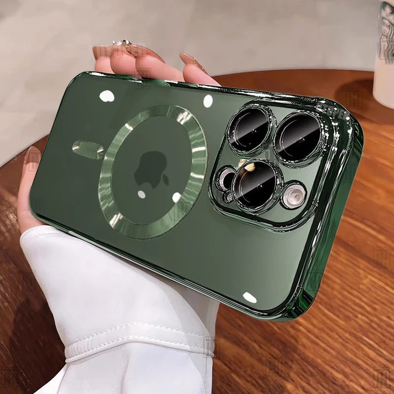 Luxury iPhone Case MagSafe Compatible Clear Back Cover — Desert Gold Frame, Magnetic Lens Protection, Soft Shockproof Design, Slim Scratch-Resistant Finish