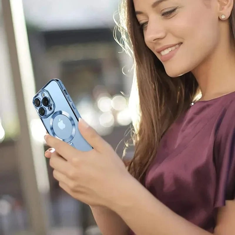 Luxury iPhone Case MagSafe Compatible Clear Back Cover — Desert Gold Frame, Magnetic Lens Protection, Soft Shockproof Design, Slim Scratch-Resistant Finish