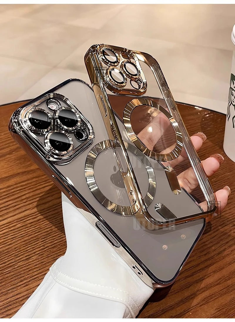 Luxury iPhone Case MagSafe Compatible Clear Back Cover — Desert Gold Frame, Magnetic Lens Protection, Soft Shockproof Design, Slim Scratch-Resistant Finish