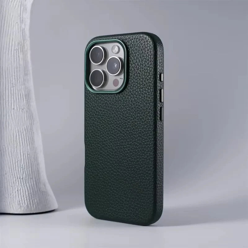 Luxury iPhone Case MagSafe Compatible Leather Cover — Magnetic Wireless Charging, Alloy Lens Protection, Hard Back Design, Anti-Fingerprint Scratch-Resistant