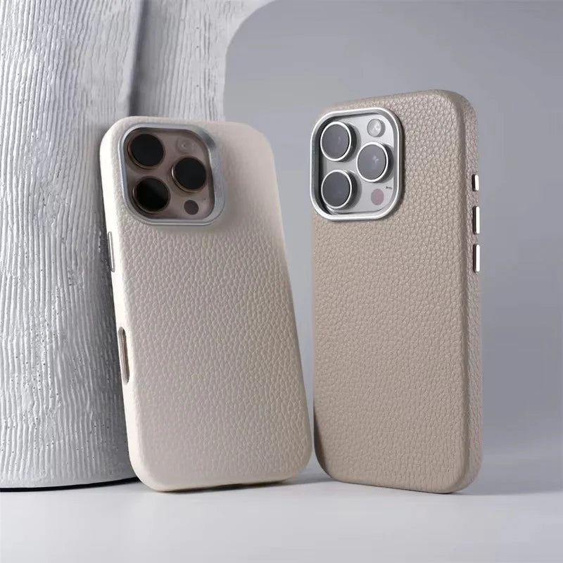 Luxury iPhone Case MagSafe Compatible Leather Cover — Magnetic Wireless Charging, Alloy Lens Protection, Hard Back Design, Anti-Fingerprint Scratch-Resistant
