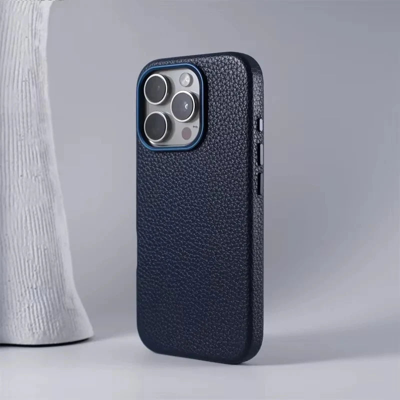 Luxury iPhone Case MagSafe Compatible Leather Cover — Magnetic Wireless Charging, Alloy Lens Protection, Hard Back Design, Anti-Fingerprint Scratch-Resistant