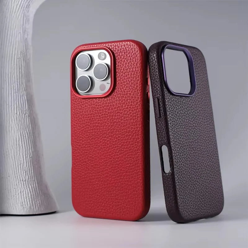 Luxury iPhone Case MagSafe Compatible Leather Cover — Magnetic Wireless Charging, Alloy Lens Protection, Hard Back Design, Anti-Fingerprint Scratch-Resistant