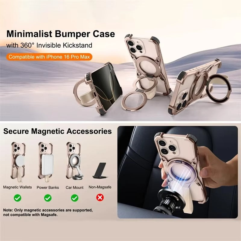 Minimalist bumper case with 360° invisible kickstand for iPhone 16 Pro Max, featuring secure magnetic accessories.