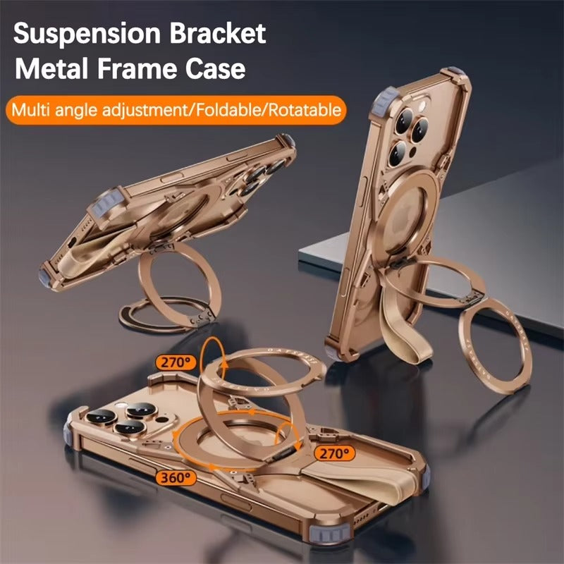 Luxury iPhone Case MagSafe Compatible Metal Frame — 360° Magnetic Aluminum Alloy Cover with Bracket Stand, Frameless Shockproof Anti-Fingerprint Protection