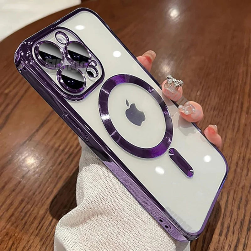 Luxury iPhone Case MagSafe Compatible Plating Clear Cover — Magnetic Wireless Charging Support, Lens Protector, Anti-Fingerprint Scratch-Resistant Design