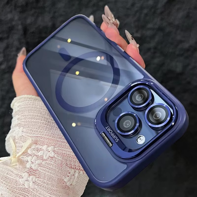 Luxury iPhone Case MagSafe Compatible Shockproof Cover — Magnetic Design with Stand, Glass Camera Lens Protector, Full Coverage Slim Scratch-Resistant Protection