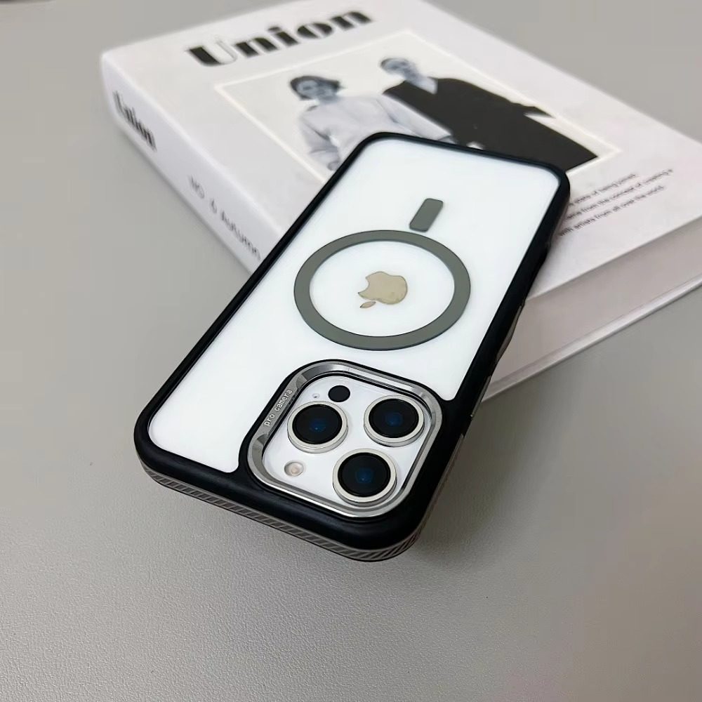 Luxury iPhone Case MagSafe Compatible Shockproof Cover — Magnetic Design with Stand, Glass Camera Lens Protector, Slim Transparent Anti-Fingerprint Finish