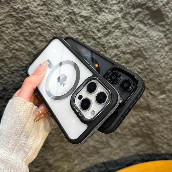 Luxury iPhone Case MagSafe Compatible Shockproof Cover — Magnetic Design with Stand, Glass Camera Lens Protector, Slim Transparent Anti-Fingerprint Finish