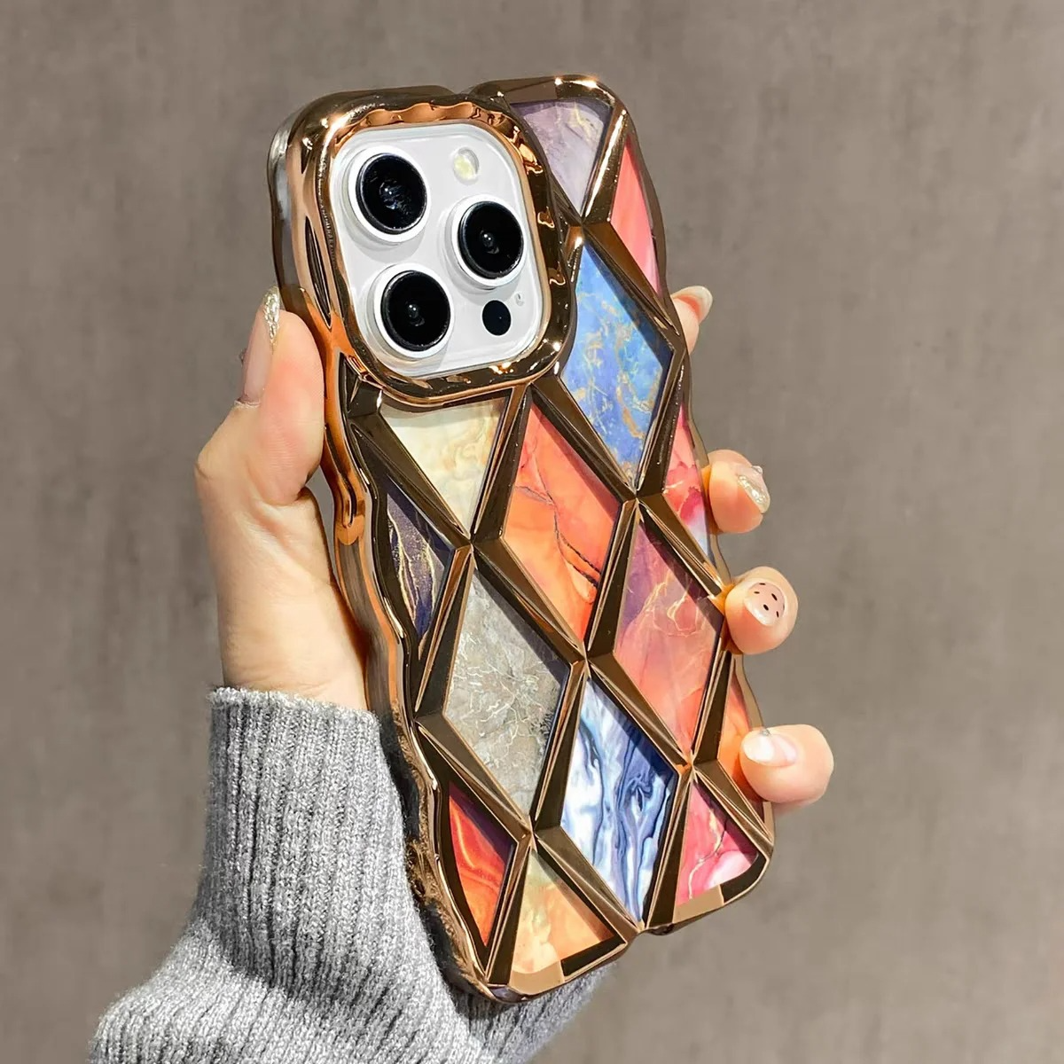 Luxury iPhone Case Plating Rhombic Marble Design — Fashion Full Body Protective Cover, Stylish Slim Shockproof Scratch-Resistant Finish
