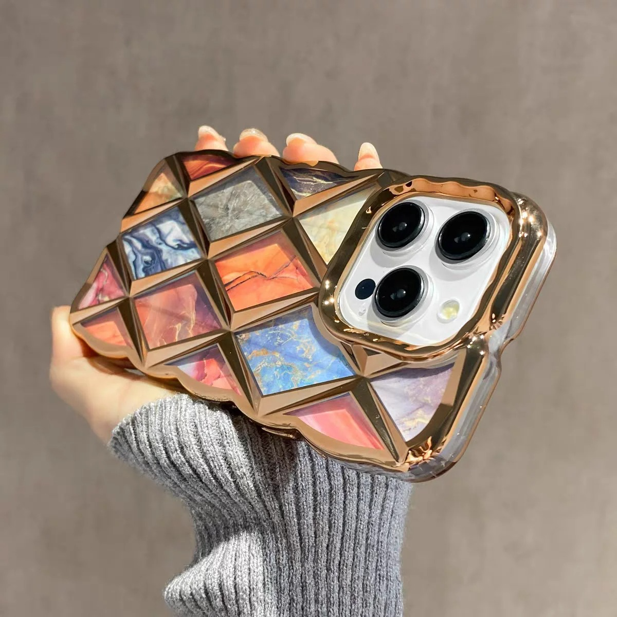 Luxury iPhone Case Plating Rhombic Marble Design — Fashion Full Body Protective Cover, Stylish Slim Shockproof Scratch-Resistant Finish