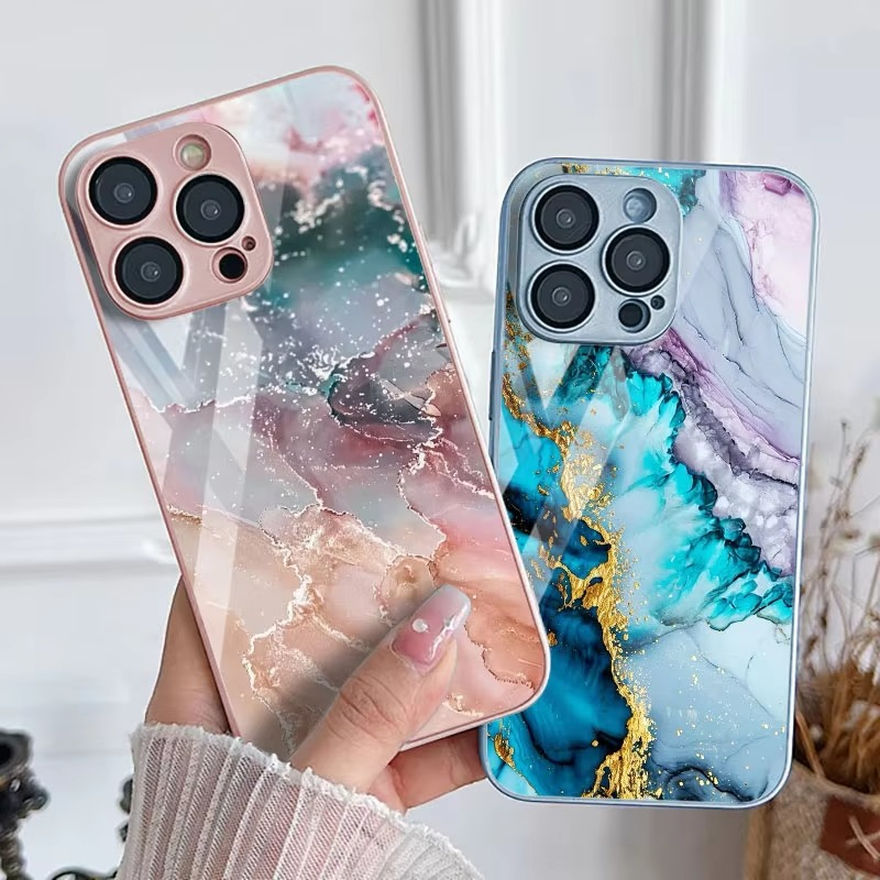 Luxury iPhone Case Shockproof Marble Pattern — Tempered Glass Cover, Anti-Scratch, Dustproof, Lightweight, Geometric & Pictorial Design