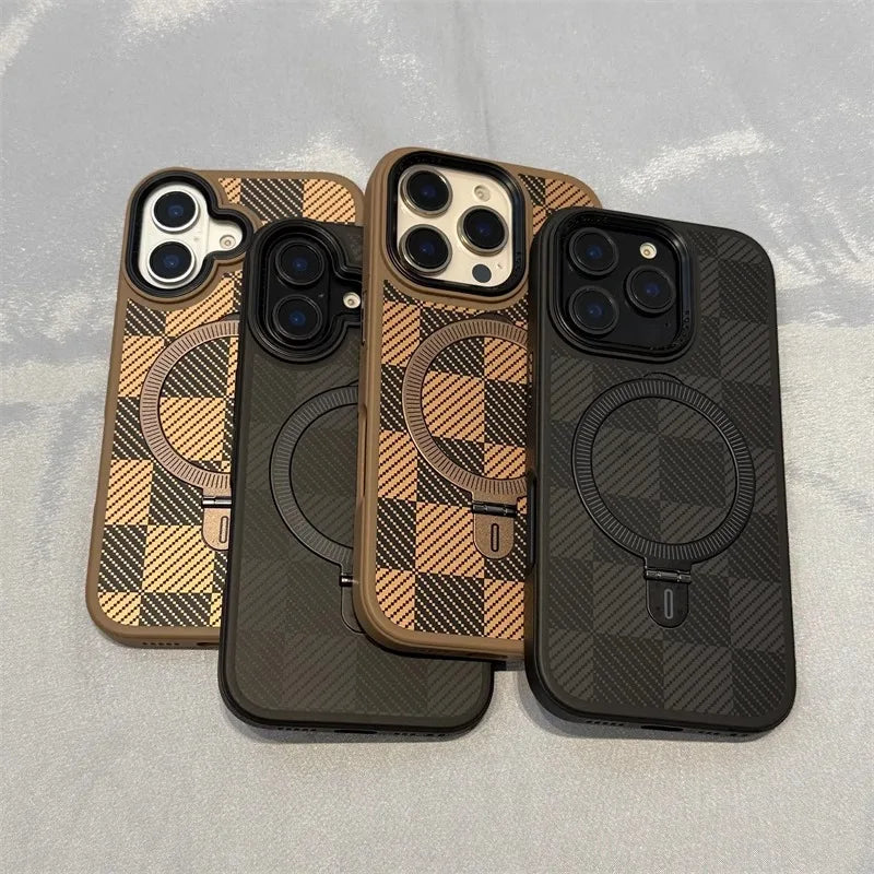 Luxury iPhone Case Titanium Gold Carbon Fiber Cover — MagSafe Compatible Magnetic Charging, Shockproof Hard Back with Ring Kickstand Holder, Anti-Fingerprint Design