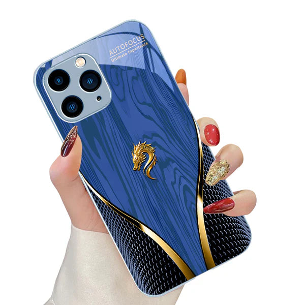 Luxury iPhone Case Wood Grain Dragon Rose Design — Tempered Glass Back Cover, Shockproof PC+TPU Frame, Scratch-Resistant Anti-Fingerprint Protection