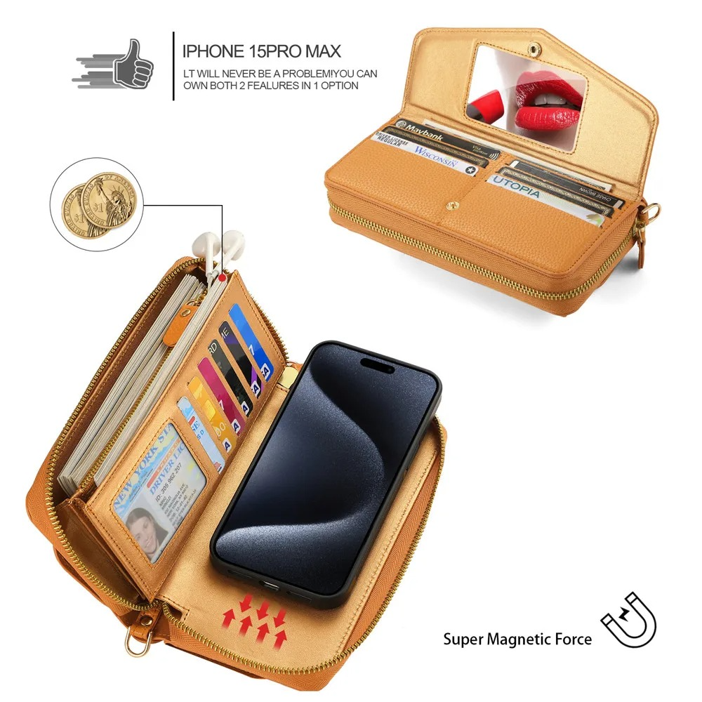 Luxury iPhone Case — 2-in-1 Detachable Leather Wallet Cover with Zipper Card Slot, Crossbody Lanyard, Magnetic Closure and Dual-Layer Protective Design