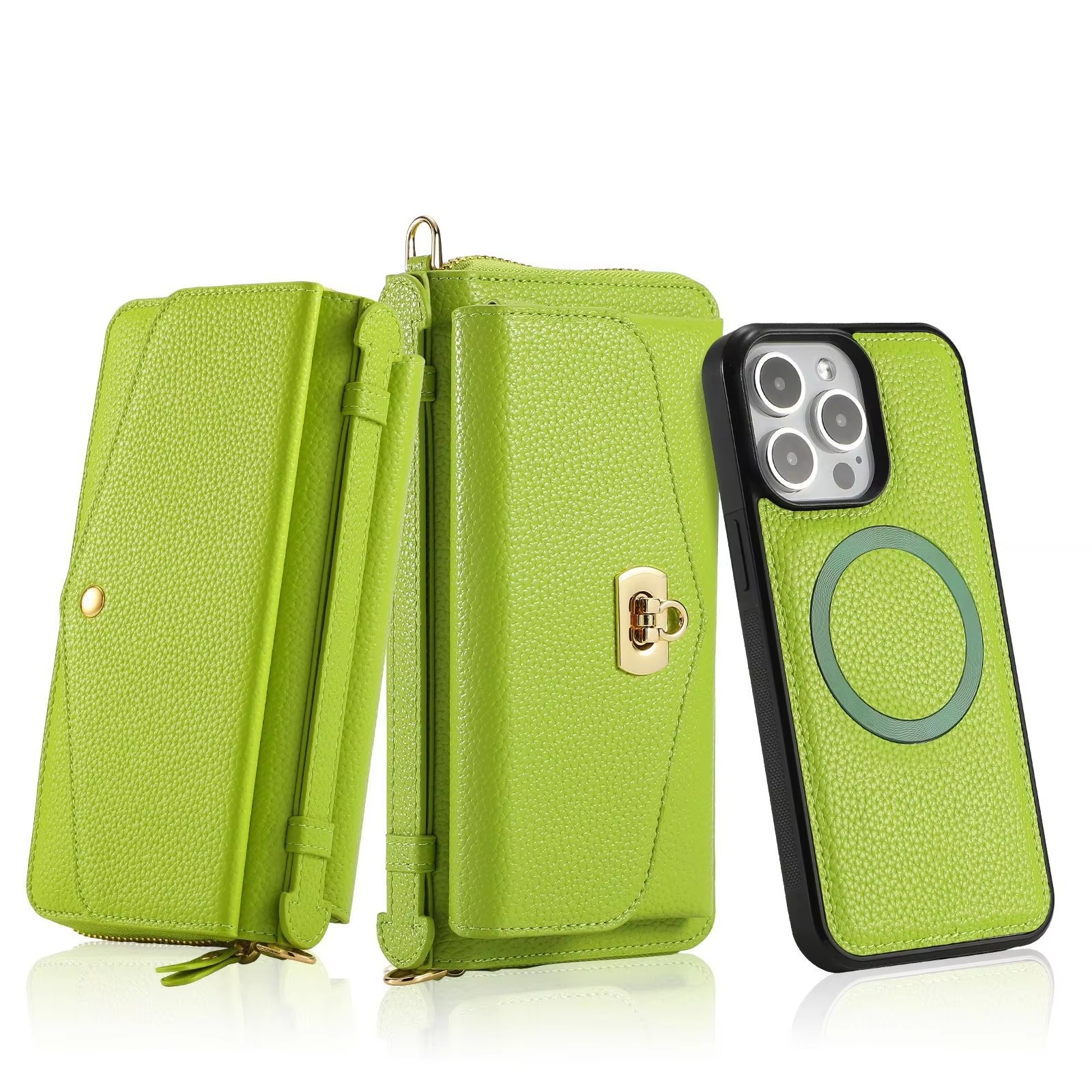 Luxury iPhone Case — 2-in-1 Detachable Leather Wallet Cover with Zipper Card Slot, Crossbody Lanyard, Magnetic Closure and Dual-Layer Protective Design