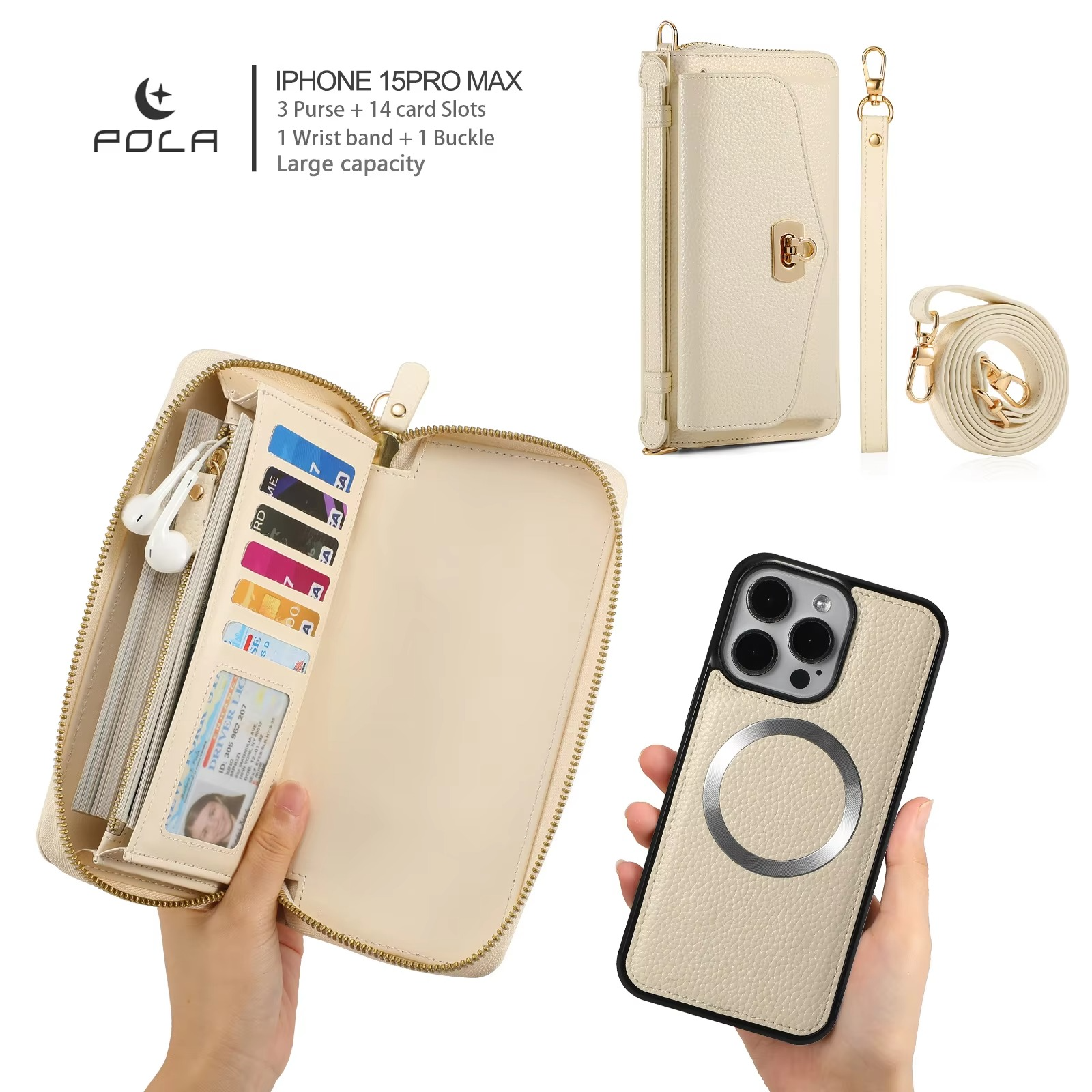 Luxury iPhone Case — 2-in-1 Detachable Leather Wallet Cover with Zipper Card Slot, Crossbody Lanyard, Magnetic Closure and Dual-Layer Protective Design