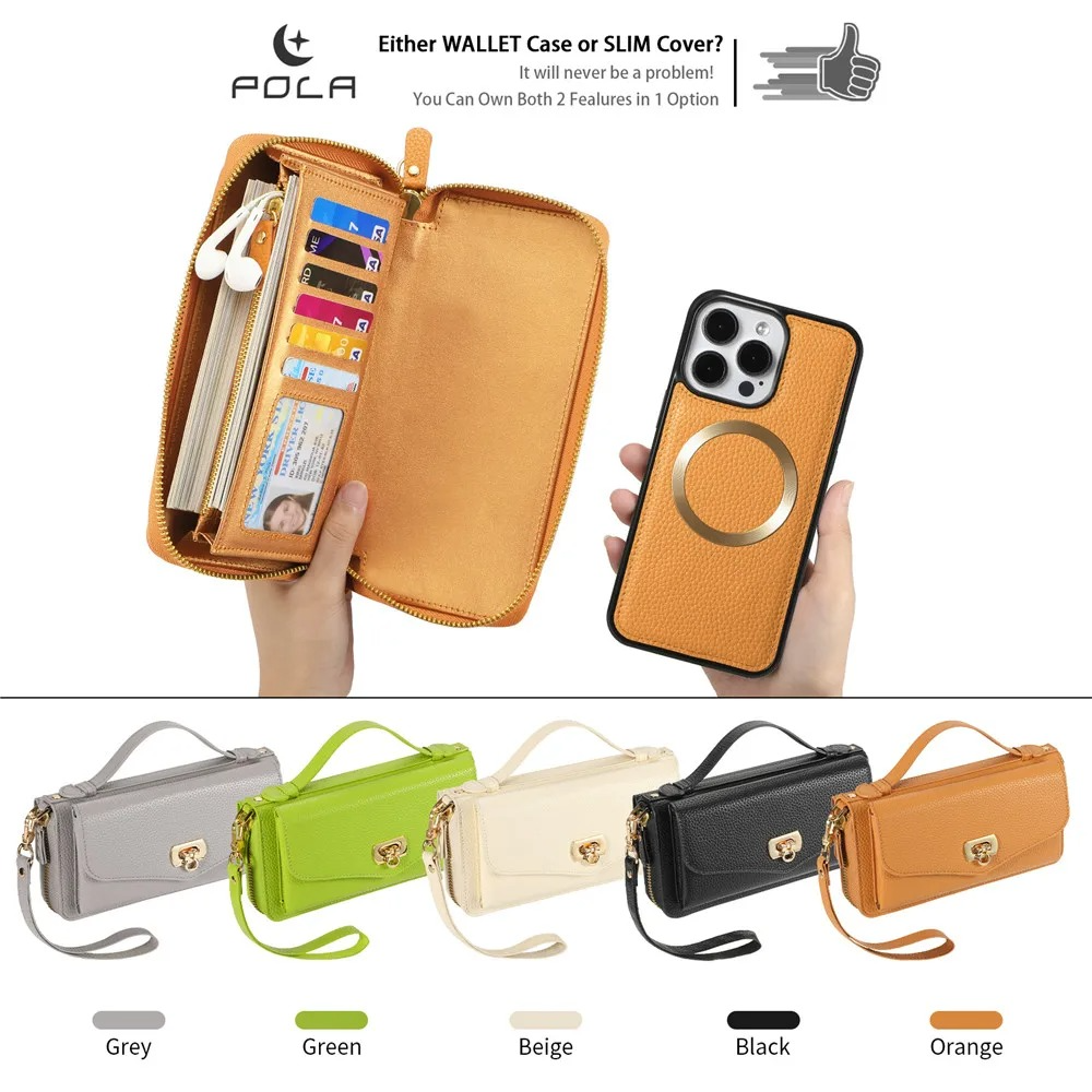 Luxury iPhone Case — 2-in-1 Detachable Leather Wallet Cover with Zipper Card Slot, Crossbody Lanyard, Magnetic Closure and Dual-Layer Protective Design
