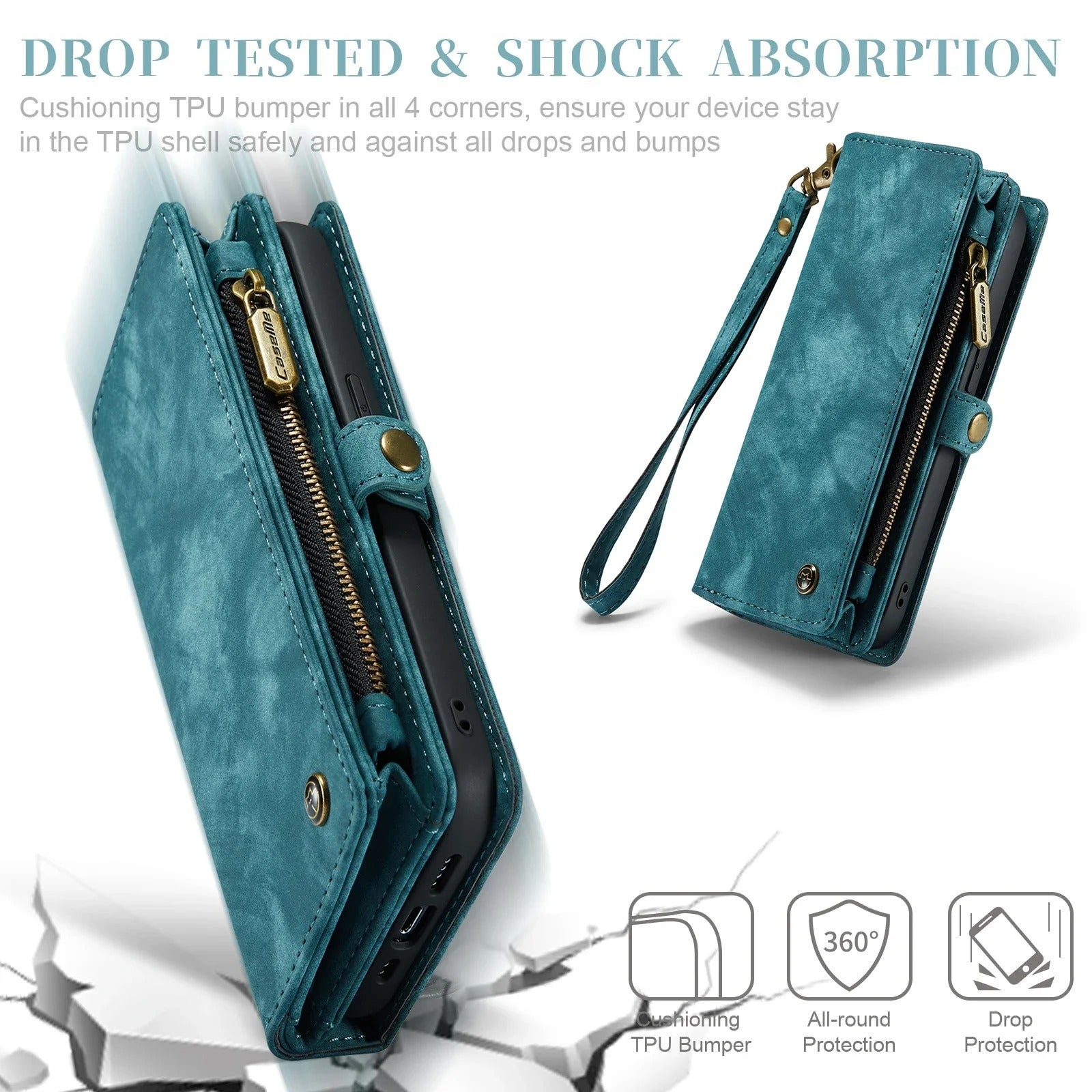 Luxury iPhone Case — 2-in-1 Detachable Magnetic Wallet Cover with Zipper Card Slots, Kickstand Feature and Matte Anti-Fingerprint Leather Design