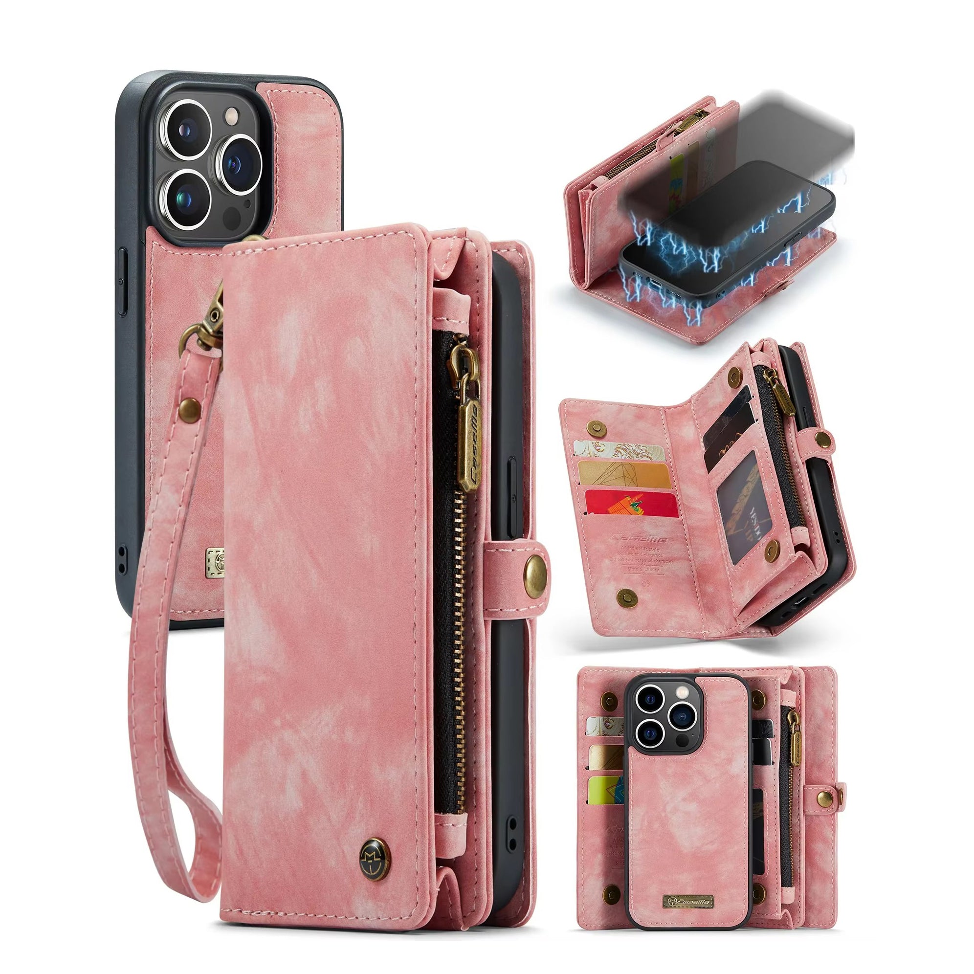 Luxury iPhone Case — 2-in-1 Detachable Magnetic Wallet Cover with Zipper Card Slots, Kickstand Feature and Matte Anti-Fingerprint Leather Design