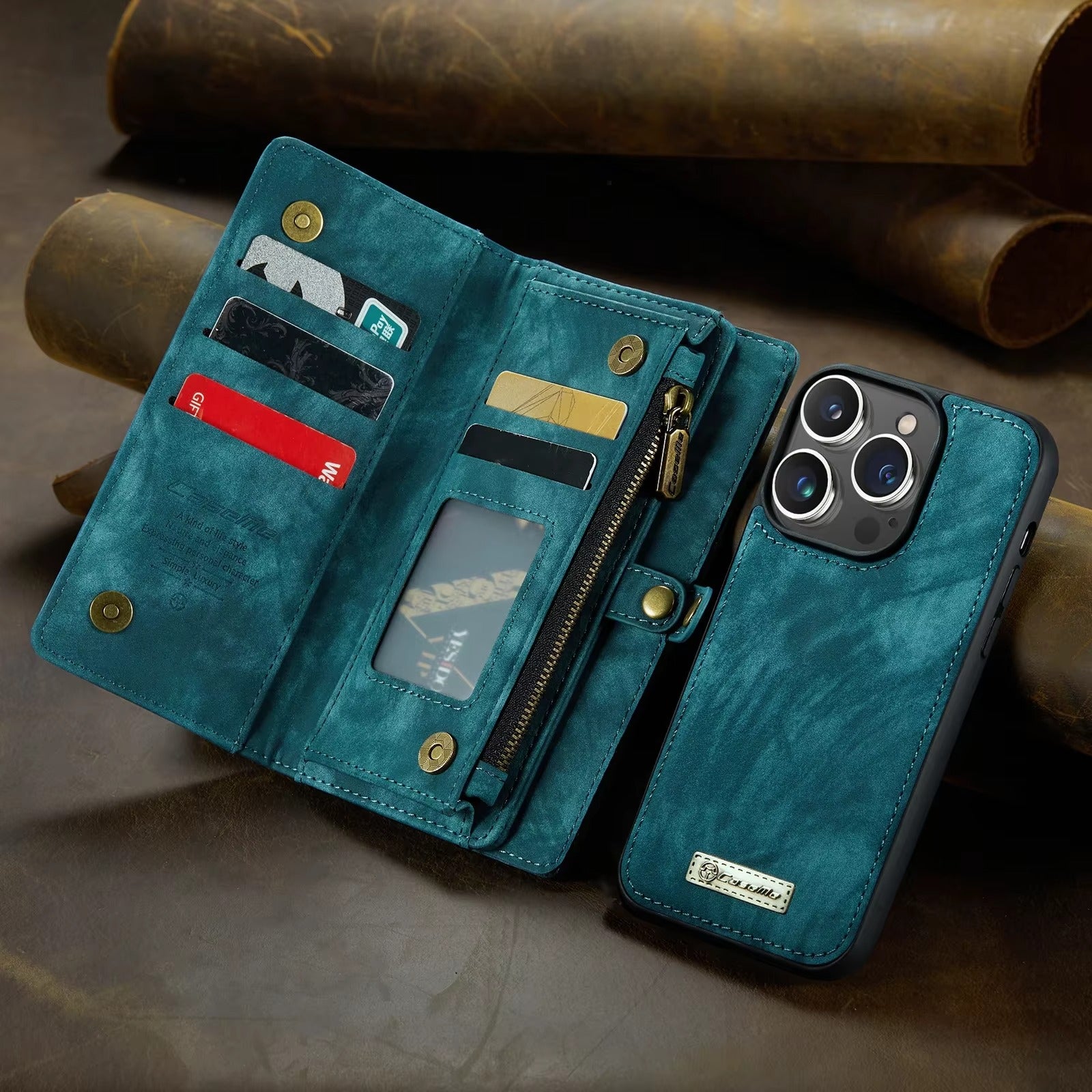 Luxury iPhone Case — 2-in-1 Detachable Magnetic Wallet Cover with Zipper Card Slots, Kickstand Feature and Matte Anti-Fingerprint Leather Design