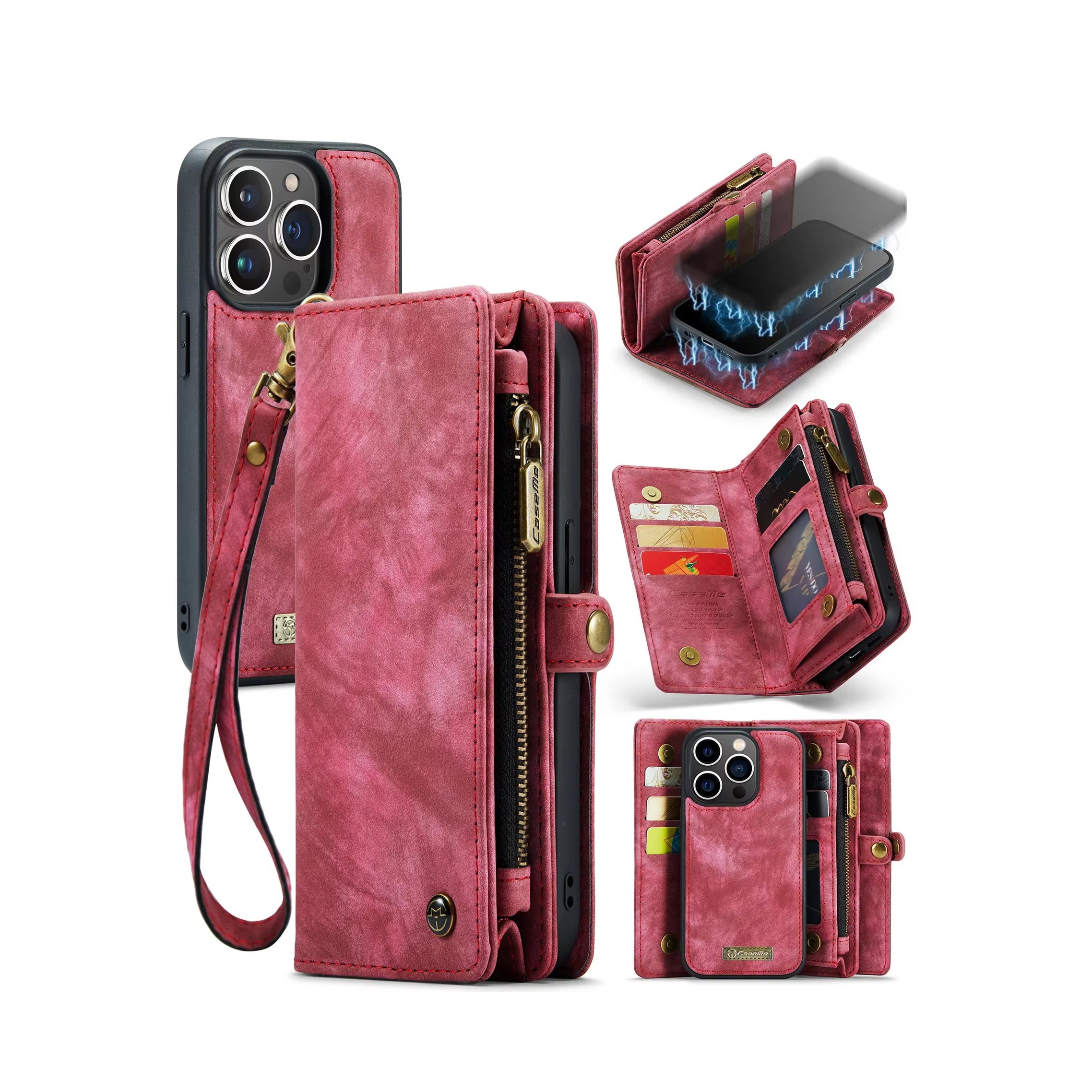 Luxury iPhone Case — 2-in-1 Detachable Magnetic Wallet Cover with Zipper Card Slots, Kickstand Feature and Matte Anti-Fingerprint Leather Design