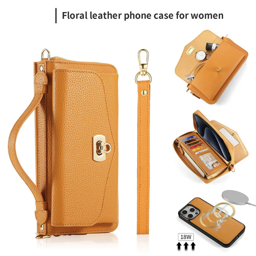 Luxury iPhone Case — 2-in-1 Detachable PU Leather Wallet Cover with Zipper Card Slot, Magnetic Closure, Crossbody Lanyard and Dual-Layer Protection