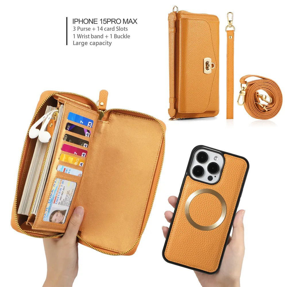 Luxury iPhone Case — 2-in-1 Detachable PU Leather Wallet Cover with Zipper Card Slot, Magnetic Closure, Crossbody Lanyard and Dual-Layer Protection