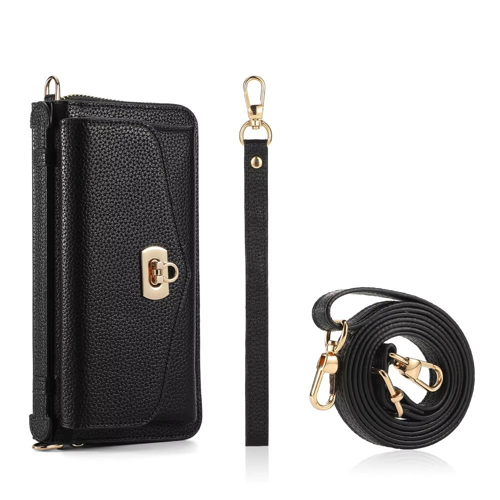 Luxury iPhone Case — 2-in-1 Detachable PU Leather Wallet Cover with Zipper Card Slot, Magnetic Closure, Crossbody Lanyard and Dual-Layer Protection
