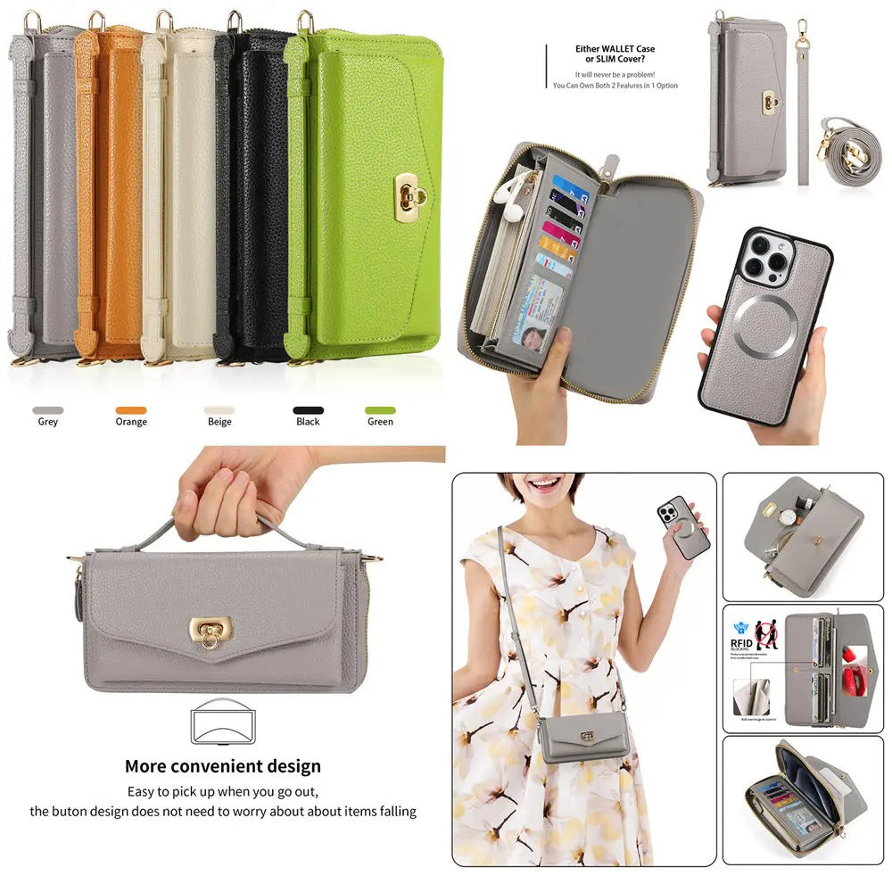 Luxury iPhone Case — 2-in-1 Detachable PU Leather Wallet Cover with Zipper Card Slot, Magnetic Closure, Crossbody Lanyard and Dual-Layer Protection