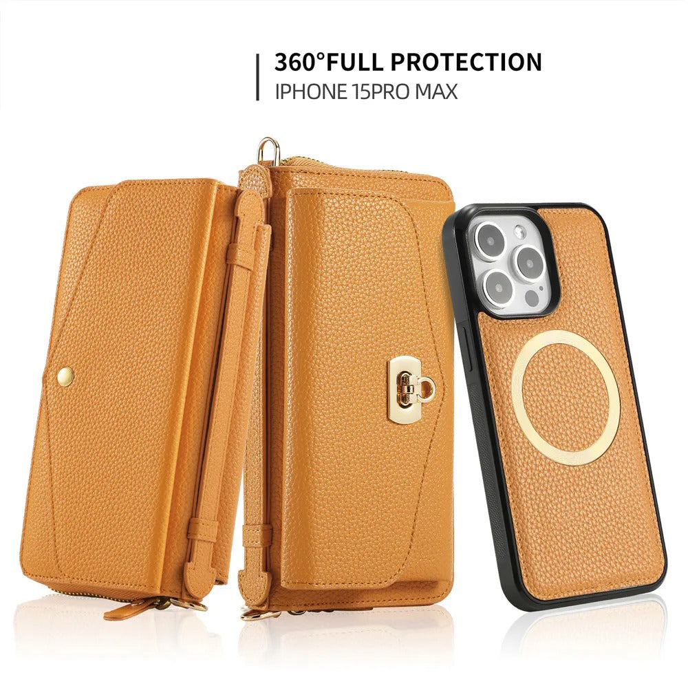 Luxury iPhone Case — 2-in-1 Detachable PU Leather Wallet Cover with Zipper Card Slot, Magnetic Closure, Crossbody Lanyard and Dual-Layer Protection