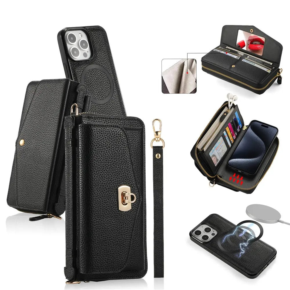 Luxury iPhone Case — 2-in-1 Detachable PU Leather Wallet Cover with Zipper Card Slot, Magnetic Closure, Crossbody Lanyard and Dual-Layer Protection