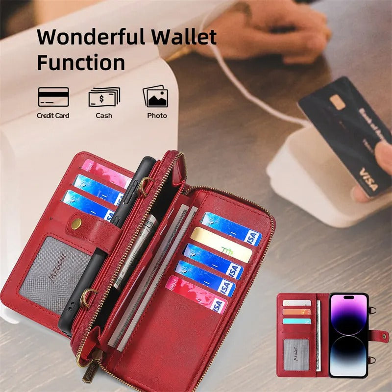 Luxury iPhone Case — 2-in-1 Detachable PU Leather Wallet Cover with Zipper Purse, Magnetic Flip Clasp, Heavy-Duty Dual-Layer Protection and Lanyard