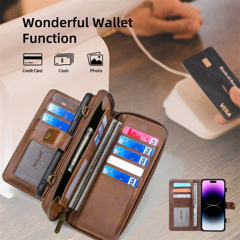 Luxury iPhone Case — 2-in-1 Detachable PU Leather Wallet Cover with Zipper Purse, Magnetic Flip Clasp, Heavy-Duty Dual-Layer Protection and Lanyard