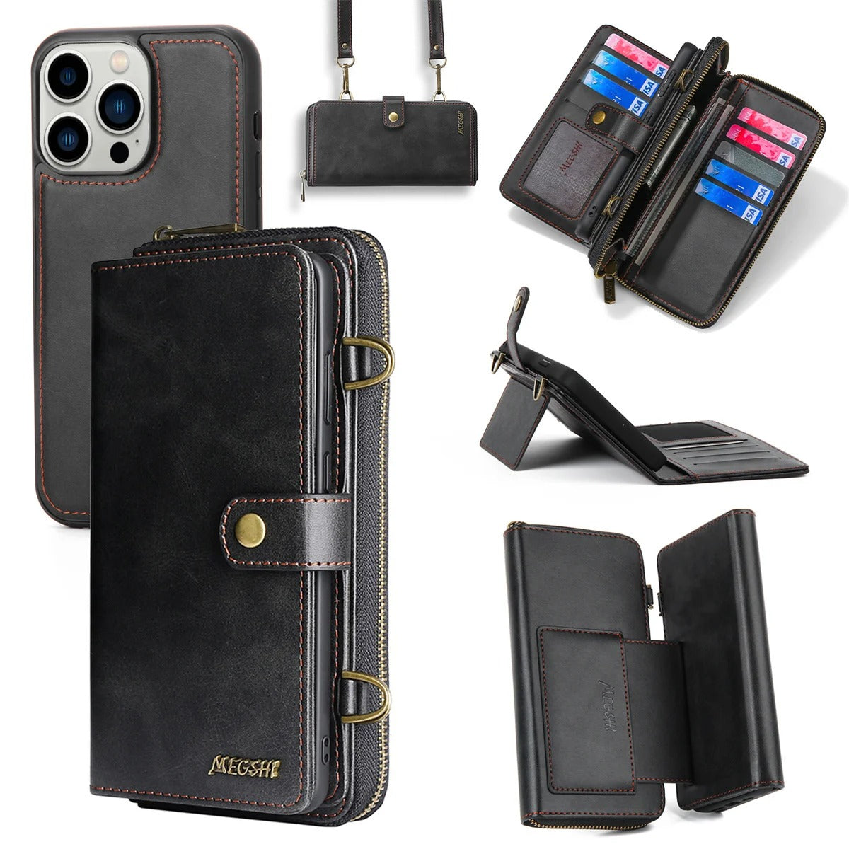 Luxury iPhone Case — 2-in-1 Detachable PU Leather Wallet Cover with Zipper Purse, Magnetic Flip Clasp, Heavy-Duty Dual-Layer Protection and Lanyard