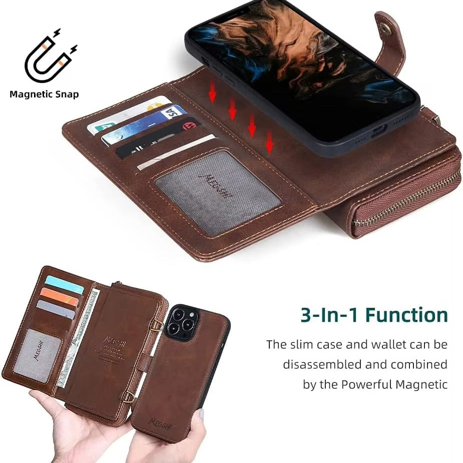 Luxury iPhone Case — 2-in-1 Detachable PU Leather Wallet Cover with Zipper Purse, Magnetic Flip Clasp, Heavy-Duty Dual-Layer Protection and Lanyard